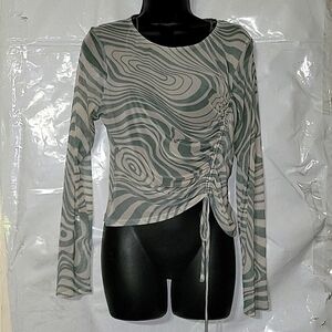 MERAKI sheer Blouse roundneck long sleeve size XL Sexy Ruching Drawstring Summer
